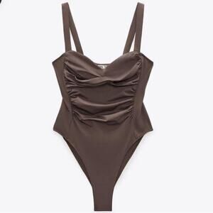 Zara Draped Ruched Bodysuit Top Brown Size L